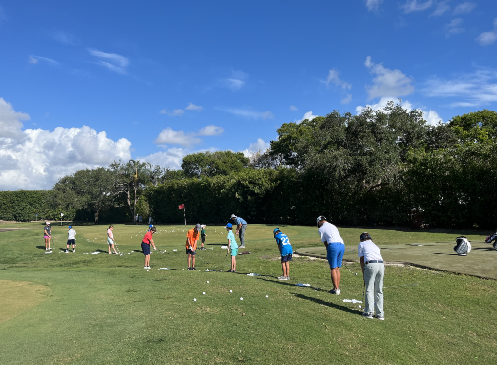 Group practicing golf swings on a sunny day at a driving range.