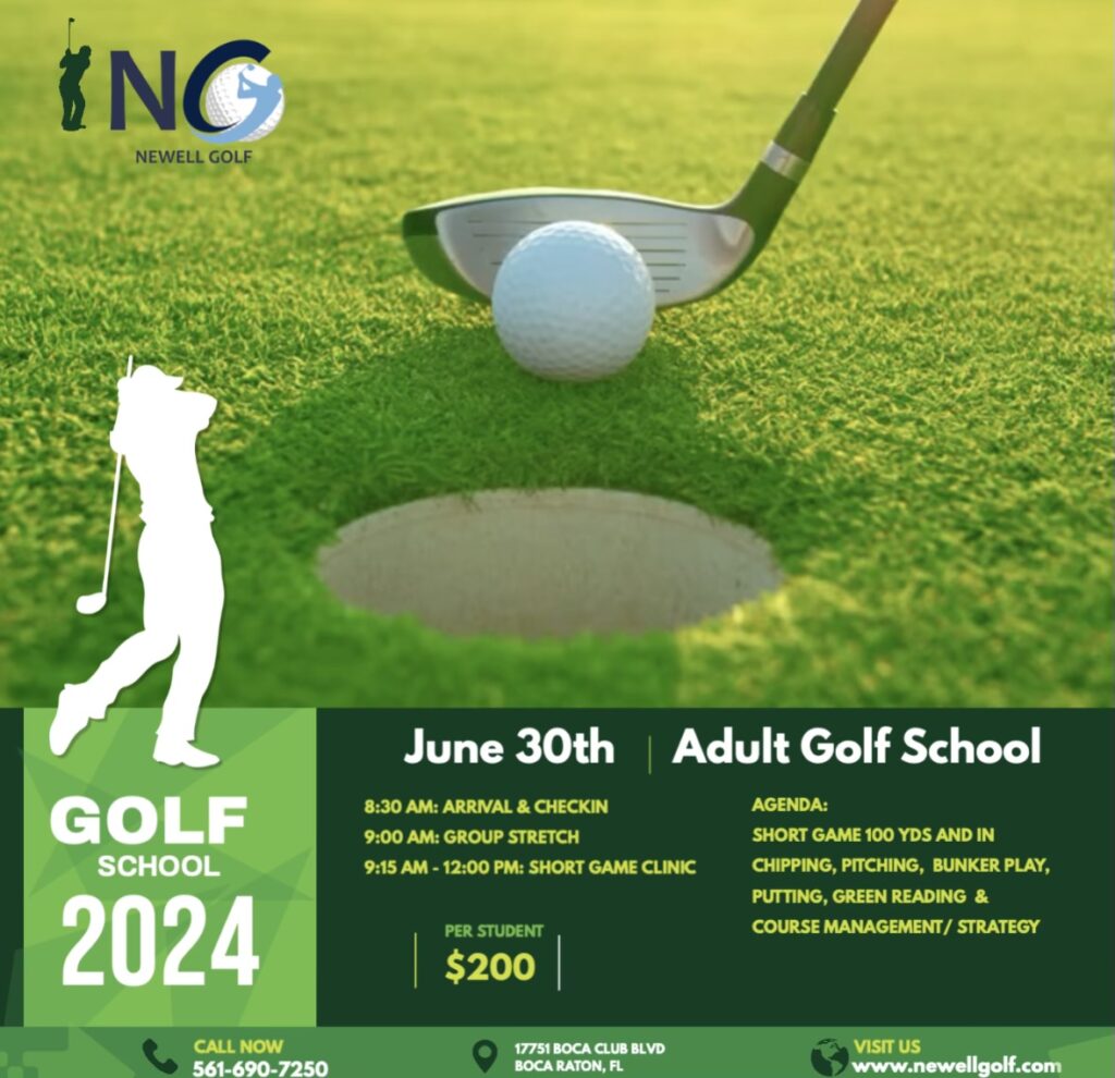 Golf school flyer with putter and ball.