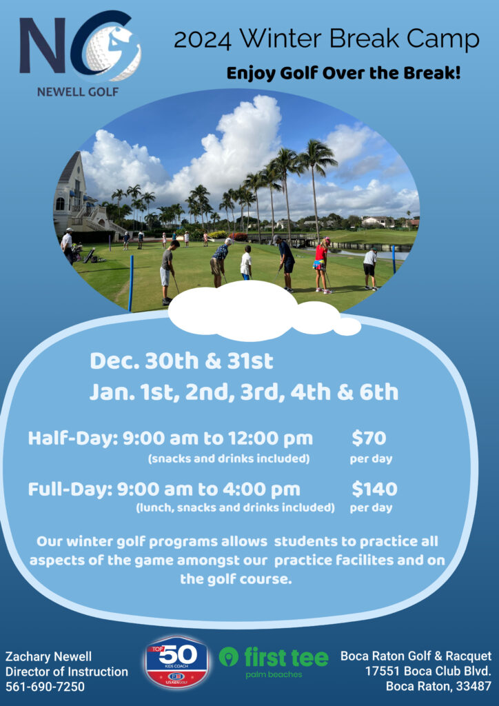 Golf camp promotional flyer with schedule details.