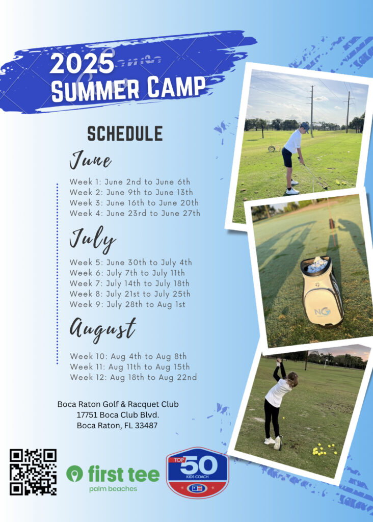 Summer camp schedule with golf activities and photos of kids playing golf.