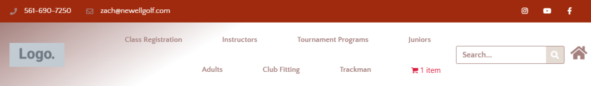 Website header with contact info, navigation, and search bar.